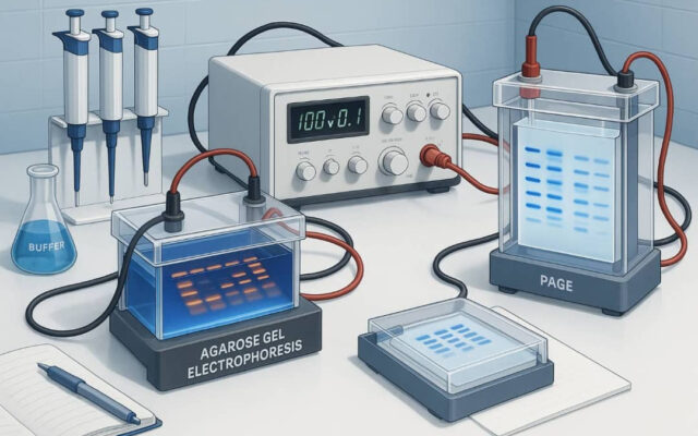استفاده از دستگاه الکتروفورز (مانند ژل آگارز و PAGE) در آنالیز DNA و پروتئین‌ها